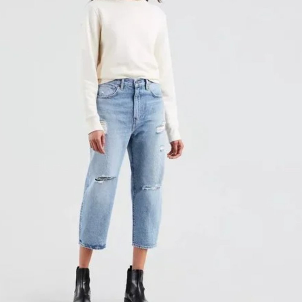 Levi's Made & Crafted Barrel Crop Jeans Light Wash High Rise Distressed Size 25